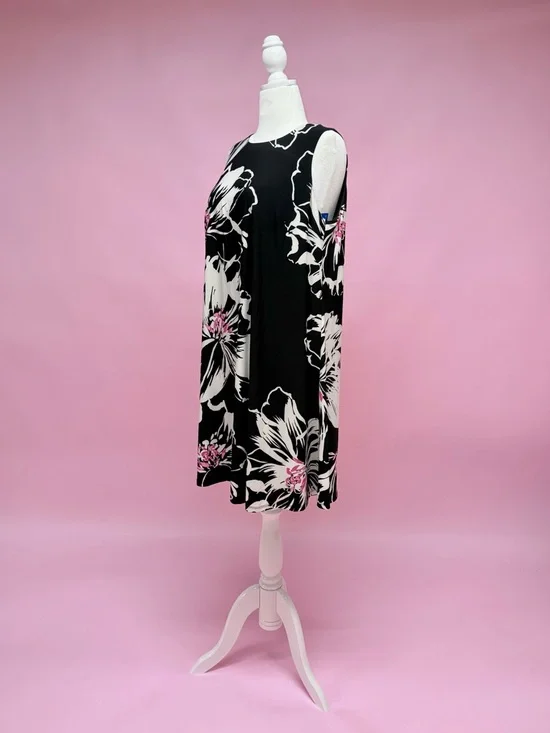 Anne Klein Sleeveless Black Floral Swing Dress with Pink Accents - Picture 5 of 8